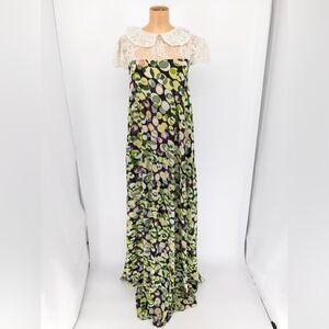 Vintage Sheer Lace Beaded Bodice Empire Waist Maxi Dress 80s 90s Size Medium